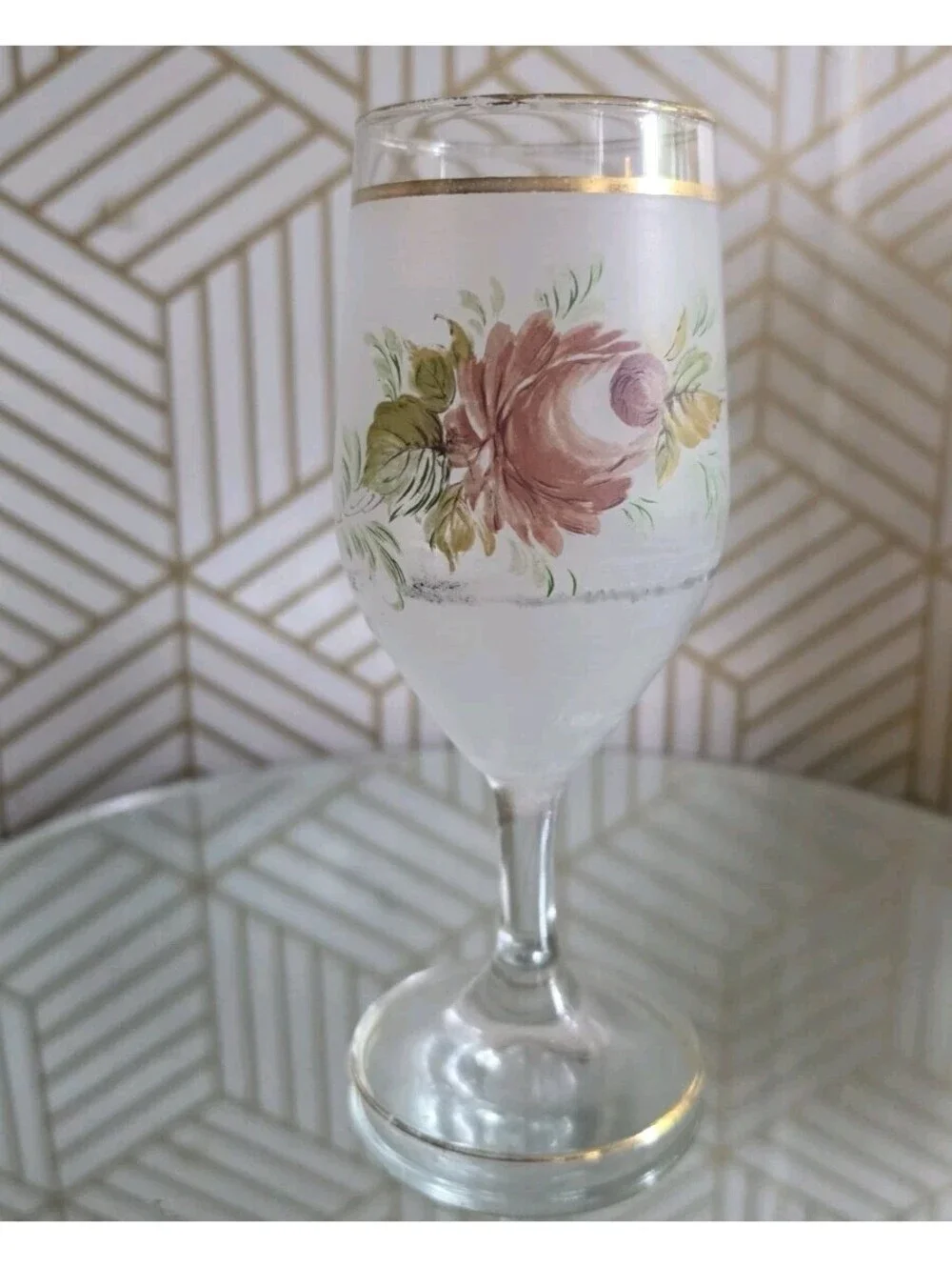 Vintage Interpur Handpainted Rose Frosted Wine Glass Replacement 6 5/8”